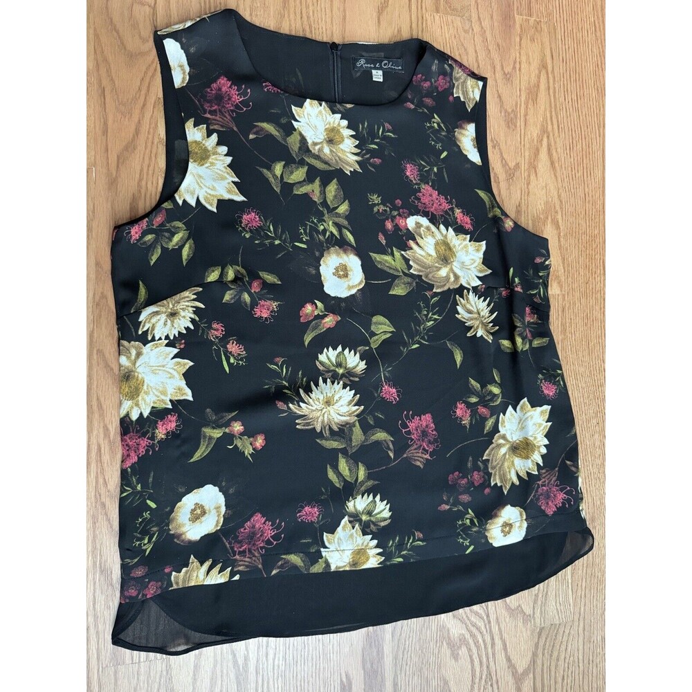 Rose & Olive Sleeveless Blouse Top Women’s Size Medium Black Floral Lined Zipper